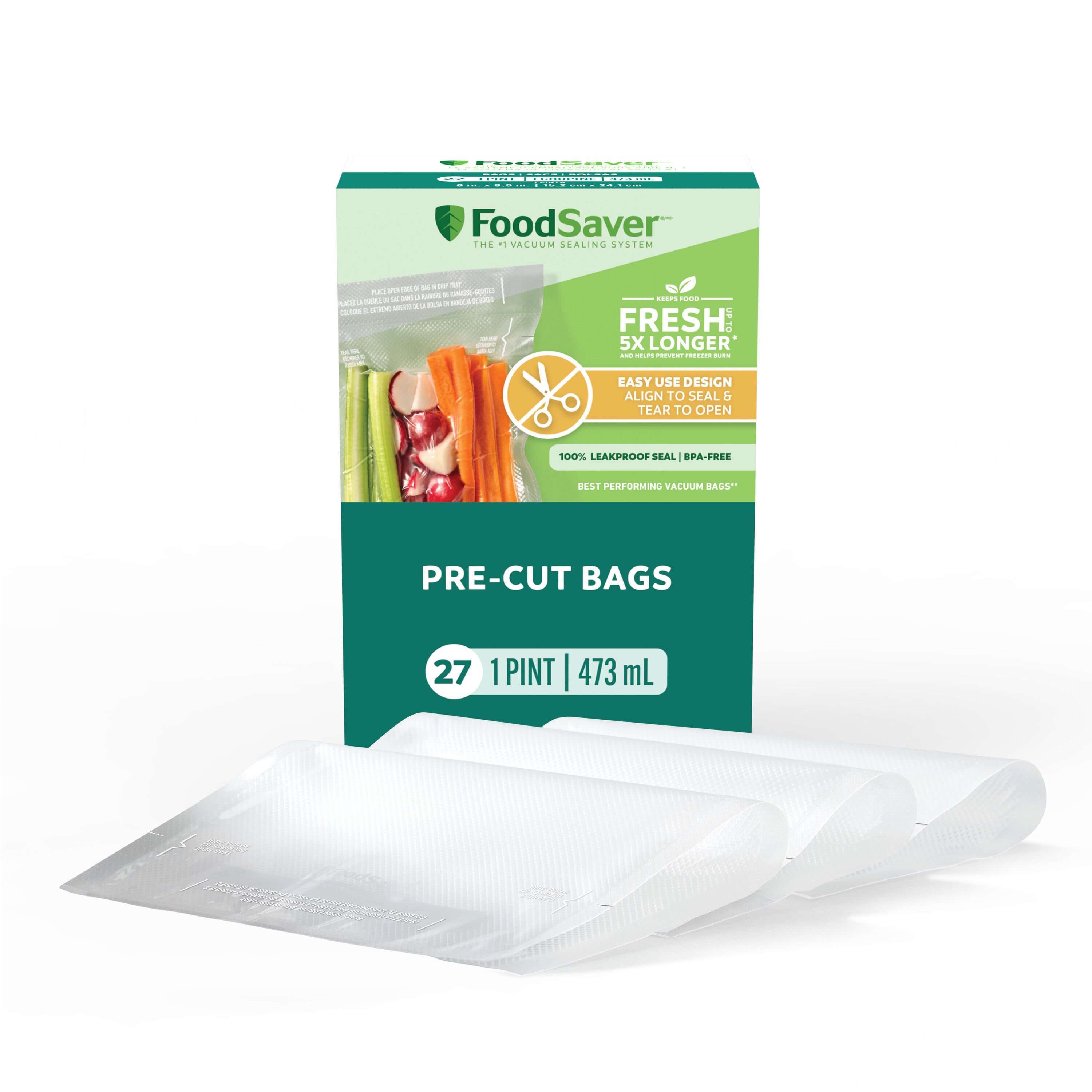 FoodSaver Pint Pre-Cut Vacuum Seal Bags (473 mL), Align to Seal